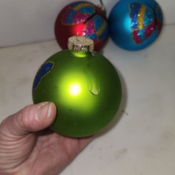 Set of 3 North Pole Hand Blown Glass Ornaments Hand Painted Glitter Butterfly - Picture 2 of 4